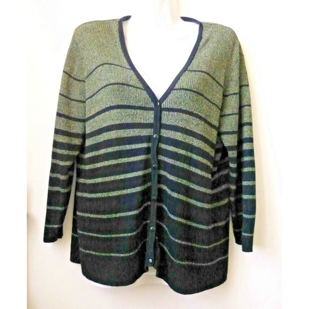 City Silk Womens  Sweater Cardigan Sz XL 3/4 Sleeve Button Front Striped Stretch